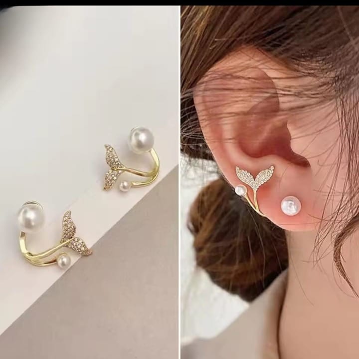 Korean Golden Fishtail Fashion Stud Earrings For Women Jewelry Trendy Simulated Pearl Butterfly Earrings Piercing thumbnail 1